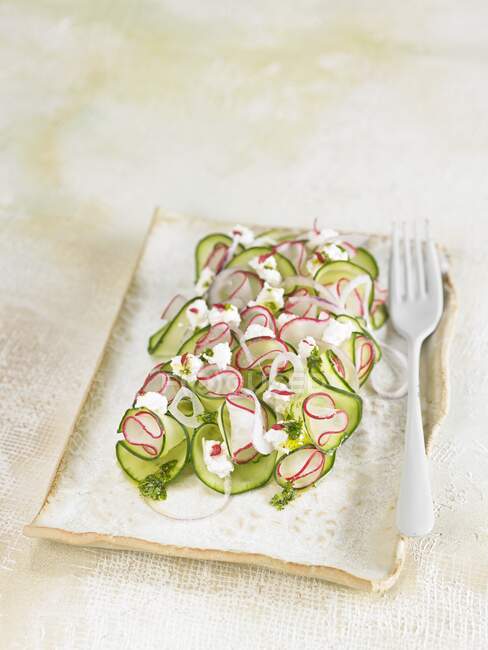 Cucumber salad with almond cream and radish — Stock Photo