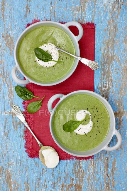 Zuppa di spinaci e broccoli con creme fraiche — Foto stock