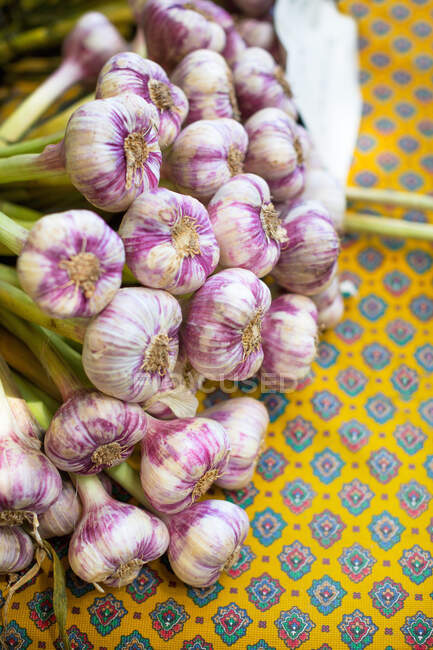 Fresh garlic on a bright yellow tablecloth with a blue pattern — Stock Photo