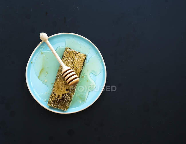 Favo con miele dipper su piatto di ceramica blu su sfondo nero, vista dall'alto copia spazio — Foto stock