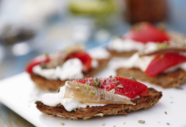 Bruschetta with fresh cream cheese, anchovies, peppers, oregano and lime zest — Stock Photo