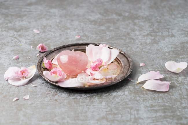 Rose quartz with rose petals on a silver plate — Stock Photo