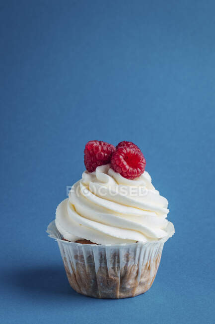 Vanilla cupcake with whipped cream and raspberries — Stock Photo