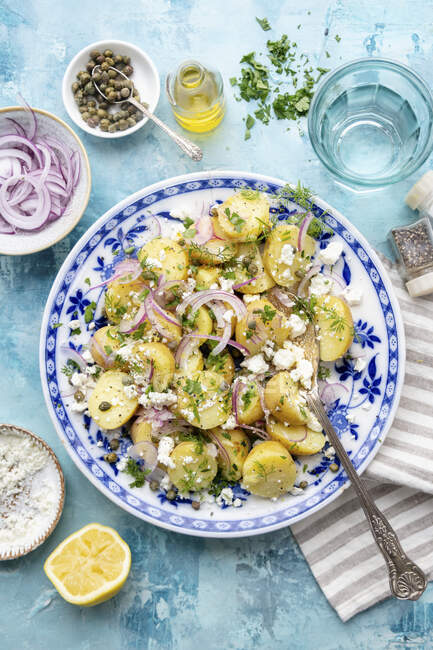 Greek potato salad with red onions and feta — Stock Photo