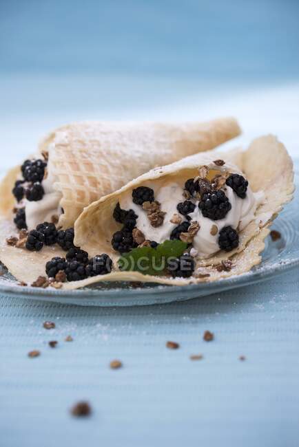 Waffles with vegan vanilla cream, blackberries and crunchy muesli — Stock Photo