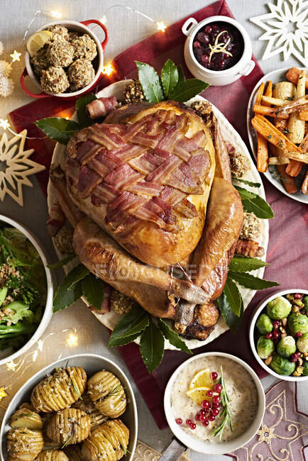 A Christmas turkey with bacon — Stock Photo