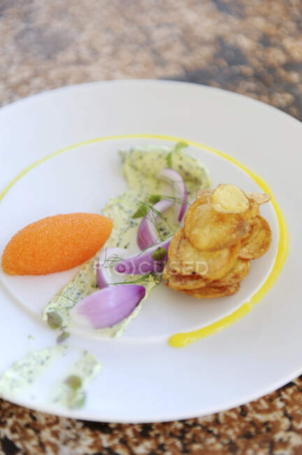 Mousse de zanahoria con mantequilla de hierbas, cebollas rojas y patatas fritas - foto de stock