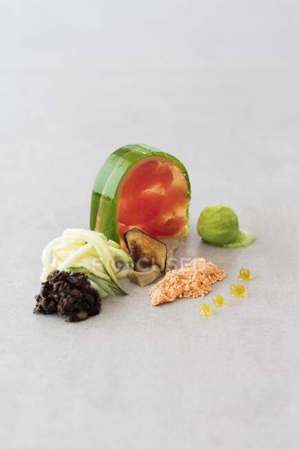 Terrine with tomatoes, zucchini, tomato crumble and basil sorbet (molecular cookery) — Stock Photo