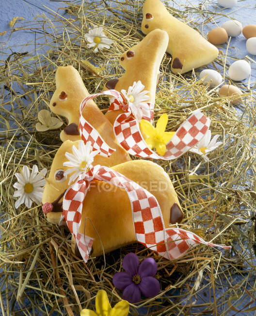 Sweet yeast dough Easter bunnies on hay with spring flowers — Stock Photo
