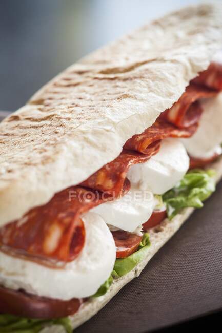 Un sándwich con mozzarella, salami picante, lechuga y tomates - foto de stock
