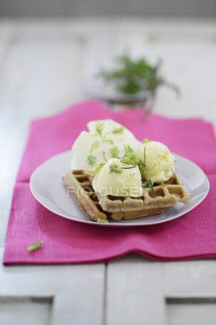 Waffles with herb ice cream — Stock Photo
