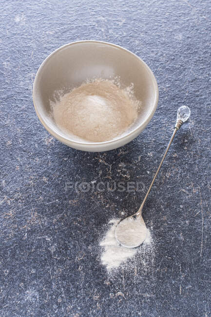 Baobab fruit powder in a bowl on a grey background — Stock Photo