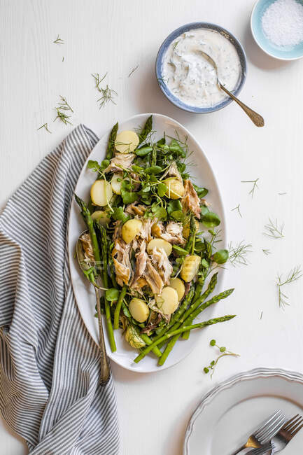 Зеленая спаржа и салат из водяного кресса с копченой скумбрии и новой картошкой — стоковое фото