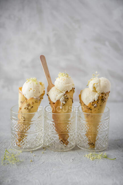 Gelado de limão e sabugueiro em cones de waffle caseiros — Fotografia de Stock