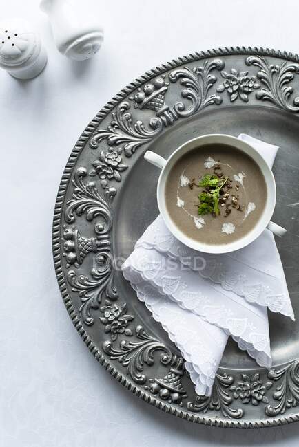 Mushroom cream soup with parsley and dried mushrooms — Stock Photo