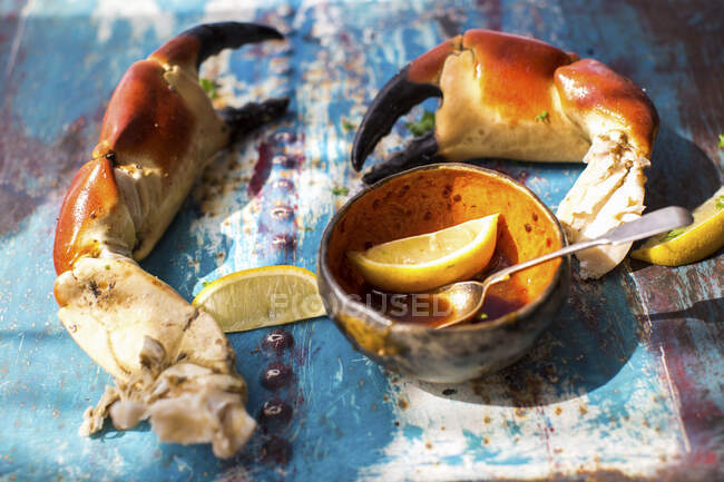 Crab claws with lemon and spicy sauce — Stock Photo