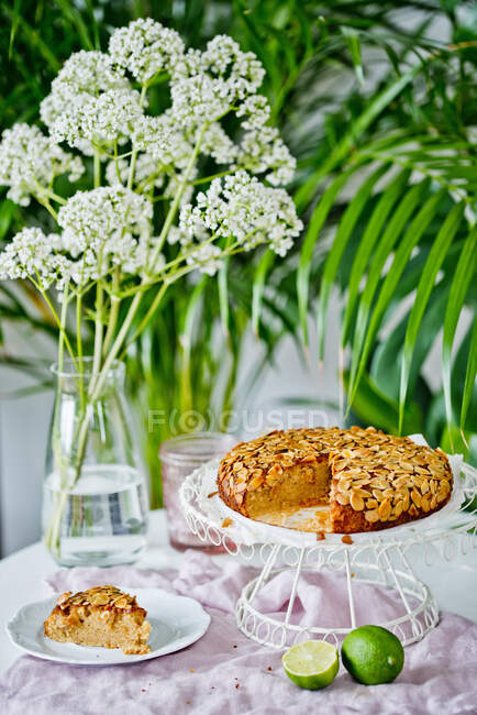 Lime and coconut cake with almond flakes — Stock Photo