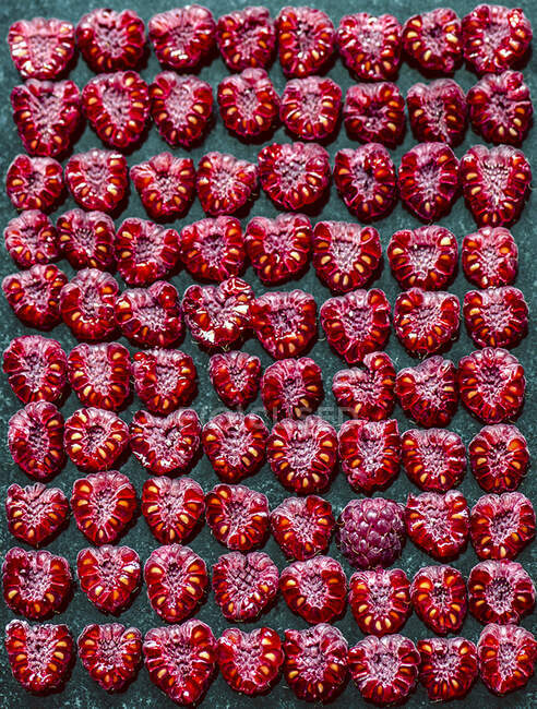 Halved raspberries in rows on black surface — Stock Photo