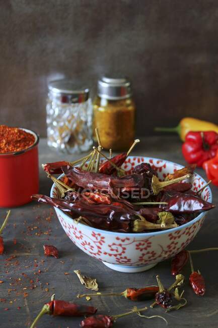 Chilli peppers (dried, fresh and ground) — Stock Photo