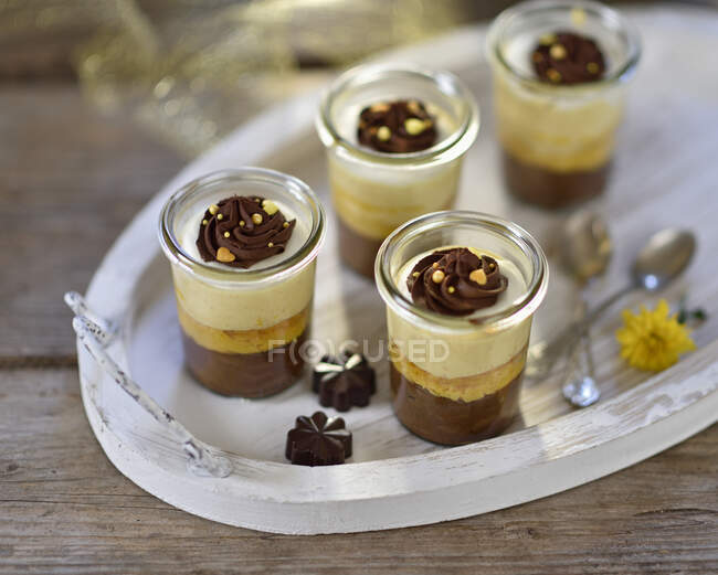 Vegan pumpkin and chocolate cheesecake dessert with chocolate cream swirls — Stock Photo