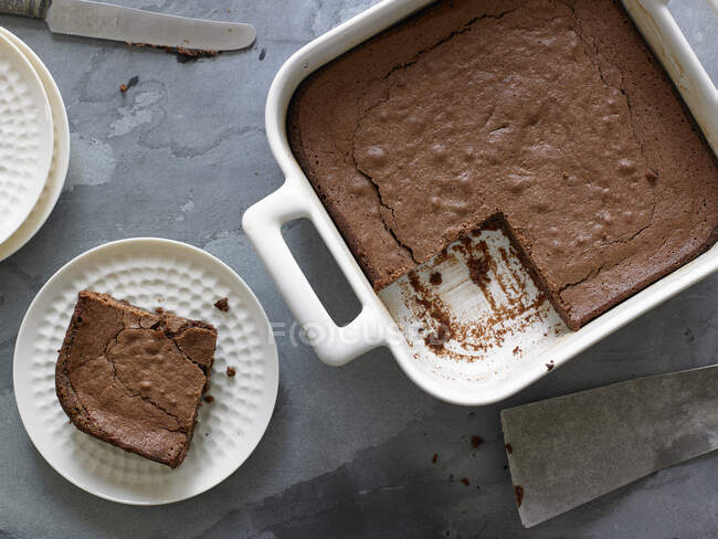 Classic Brownies in white ceramic pan — Stock Photo
