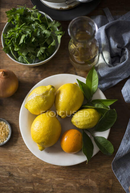 Limão, laranja e ervas frescas — Fotografia de Stock