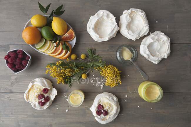 Nidos de merengue con cuajada de limón, cítricos y frambuesas - foto de stock
