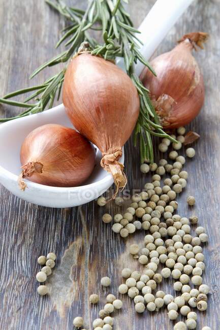 Shallots, white peppercorns and rosemary - foto de stock