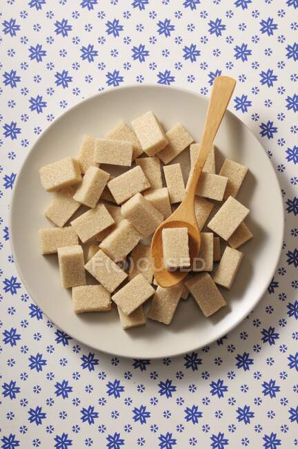 Cubes de sucre de canne sur une assiette blanche — Photo de stock
