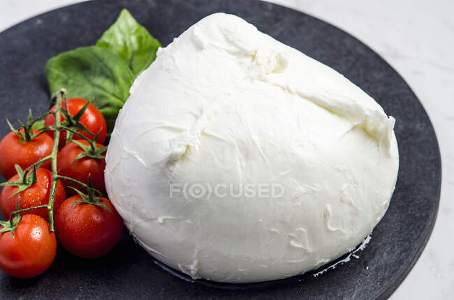 Fresh mozzarella garnished with cherry tomatoes and basil leaves on a dark stone plate — Stock Photo