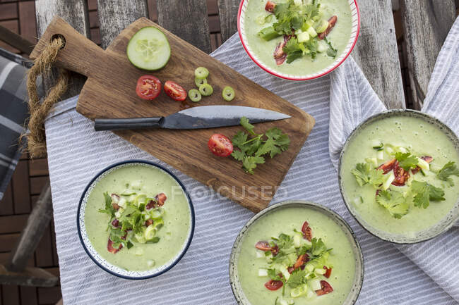 Green gazpacho with coriander and tomatoes — Stock Photo