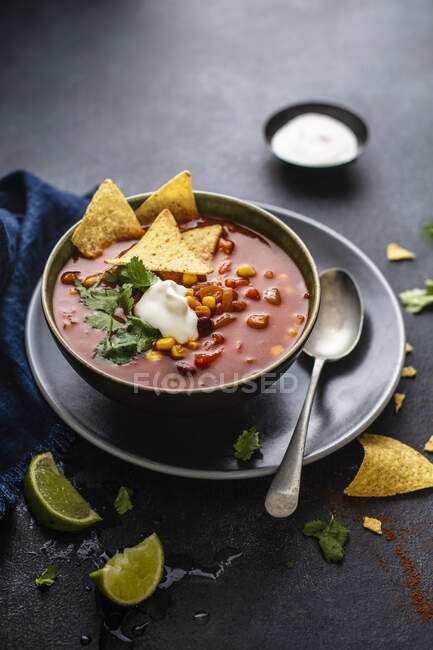 Spicy mexican bean soup with corander, tortillas and sour cream — Stock Photo