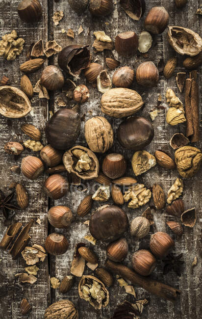 Verschiedene Nüsse, Zimtstangen und Sternanis auf einer Holzoberfläche — Stockfoto