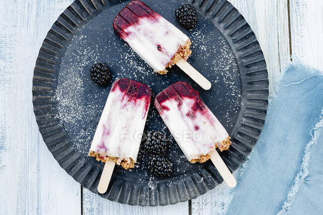 Vegan yogurt and blackberry popsicles — Stock Photo