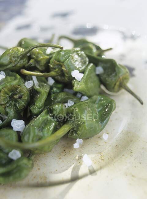 Green chillies with coarse salt — Stock Photo