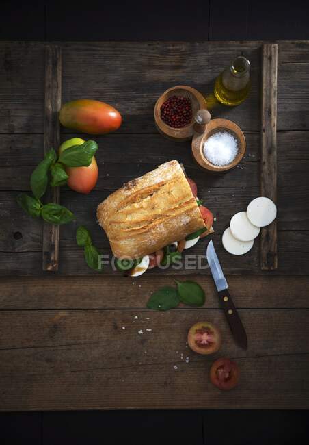 Чабатта с базиликом, бальзамом, помидорами и веганской моцареллой — стоковое фото