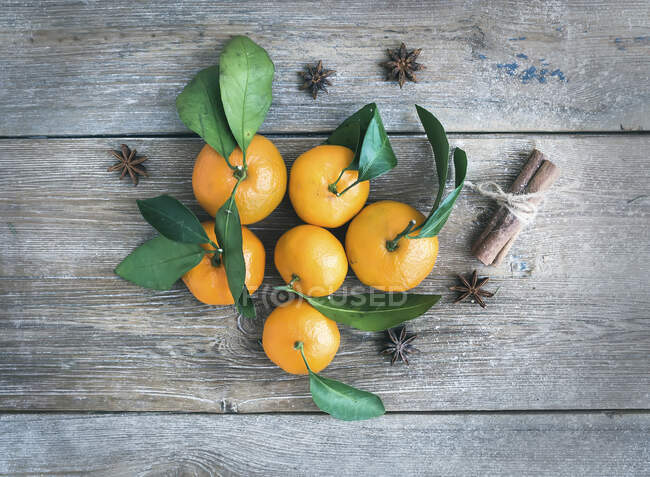 Свежие мандарины с коричными палочками и анисовыми звездами — стоковое фото