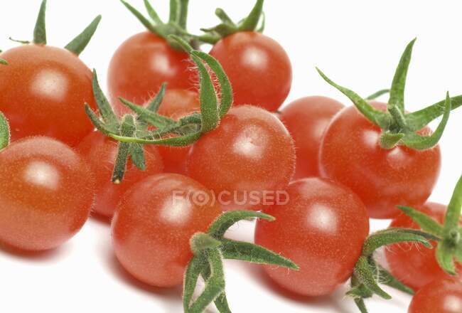 Rote Tomaten mit grünen Blättern auf weißem Hintergrund — Stockfoto