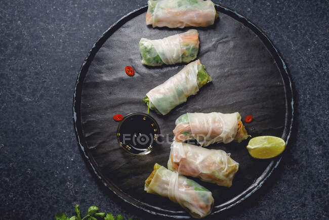Rollos veganos de primavera con tofu, zanahoria marinada y daikon - foto de stock
