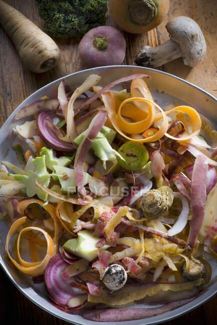 Смешанные овощные кожуры на тарелке — стоковое фото