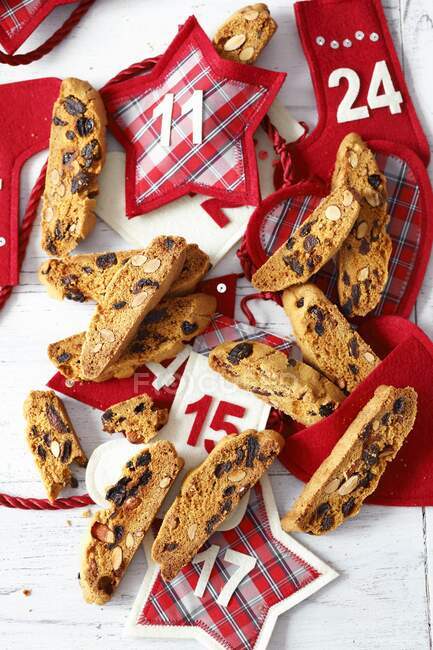 Cantucci for Christmas with decorations, top view — Stock Photo