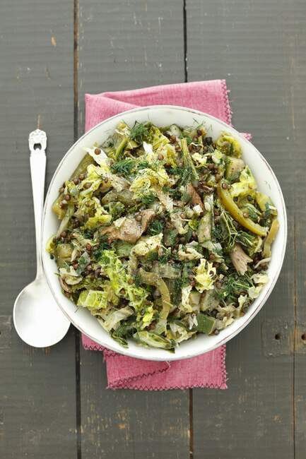 Braised savoy cabbage with black lentils, green pepper and dried mushrooms — Stock Photo