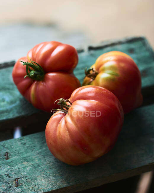 Свіжі помідори на дерев'яному столі — стокове фото