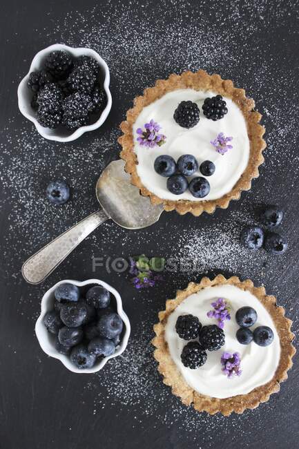 Berry tartlets with blackberries and blueberries — Stock Photo