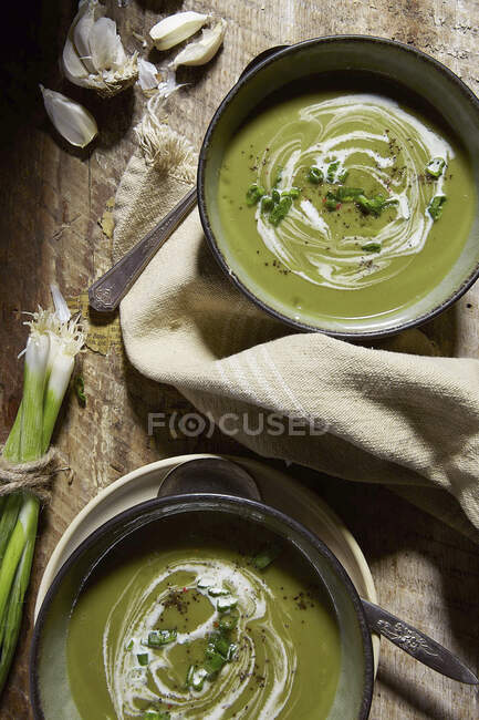 Grüne Gemüsesuppe mit Frühlingszwiebeln und Knoblauch — Stockfoto