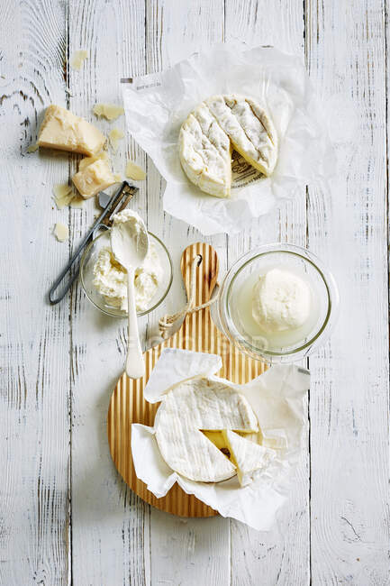Camembert, mozzarella, mascarpone y parmesano - foto de stock
