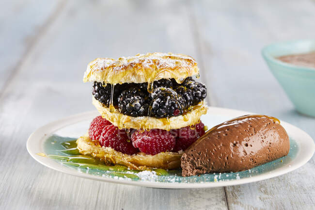 Mousse au chocolate and berry tartlets — Stock Photo