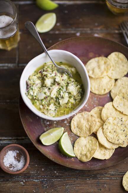Close-up shot of Ceviche and corn chips — Stock Photo