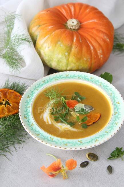 Abóbora e sopa de laranja com ervas — Fotografia de Stock