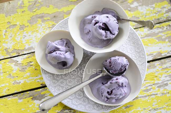 Several bowls of blueberry ice cream on a plate — Stock Photo